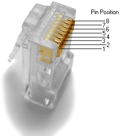 Foto de conector RJ45 con descripción de pines